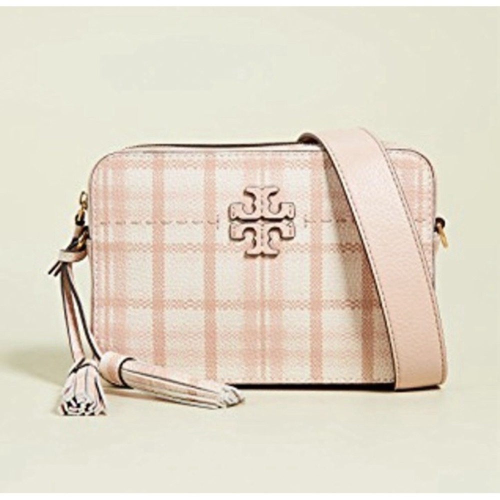 Tory Burch McGraw Pink Plaid Camera Bag Crossbody Tassel Purse  New